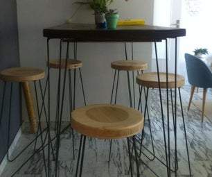 Table and Stools With Hairpin Legs