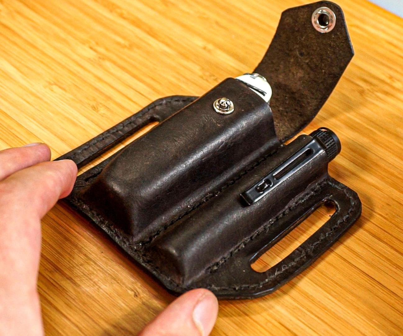 Wet Molded EDC Leather Sheath for a Swiss Army Knife and a Flashlight