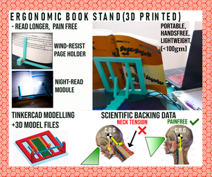 "Neck Relief" Ergonomic BookStand {3d Print} With Page Holding Mechanism