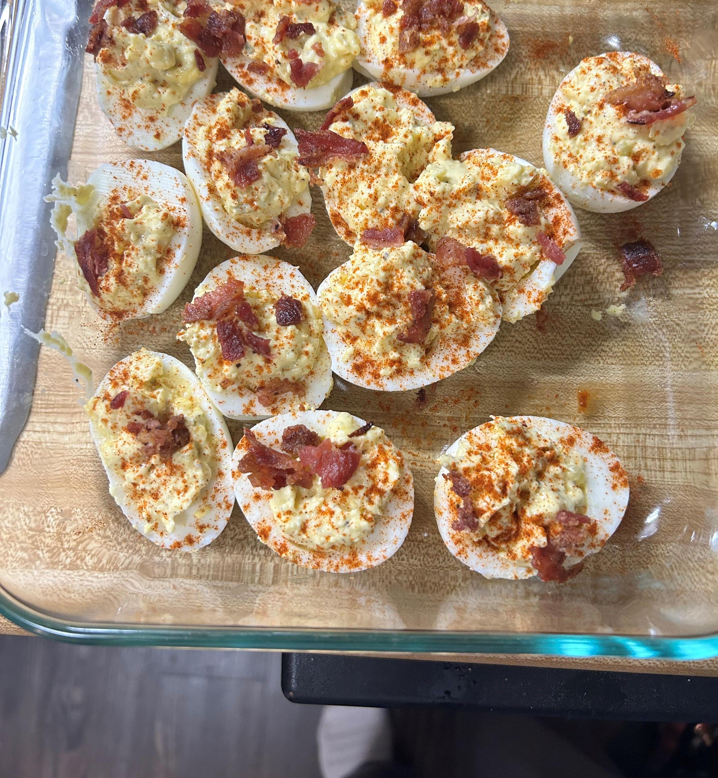 DEVIL EGGS TOPPED WITH BACON and Paprika by Nickey Hill