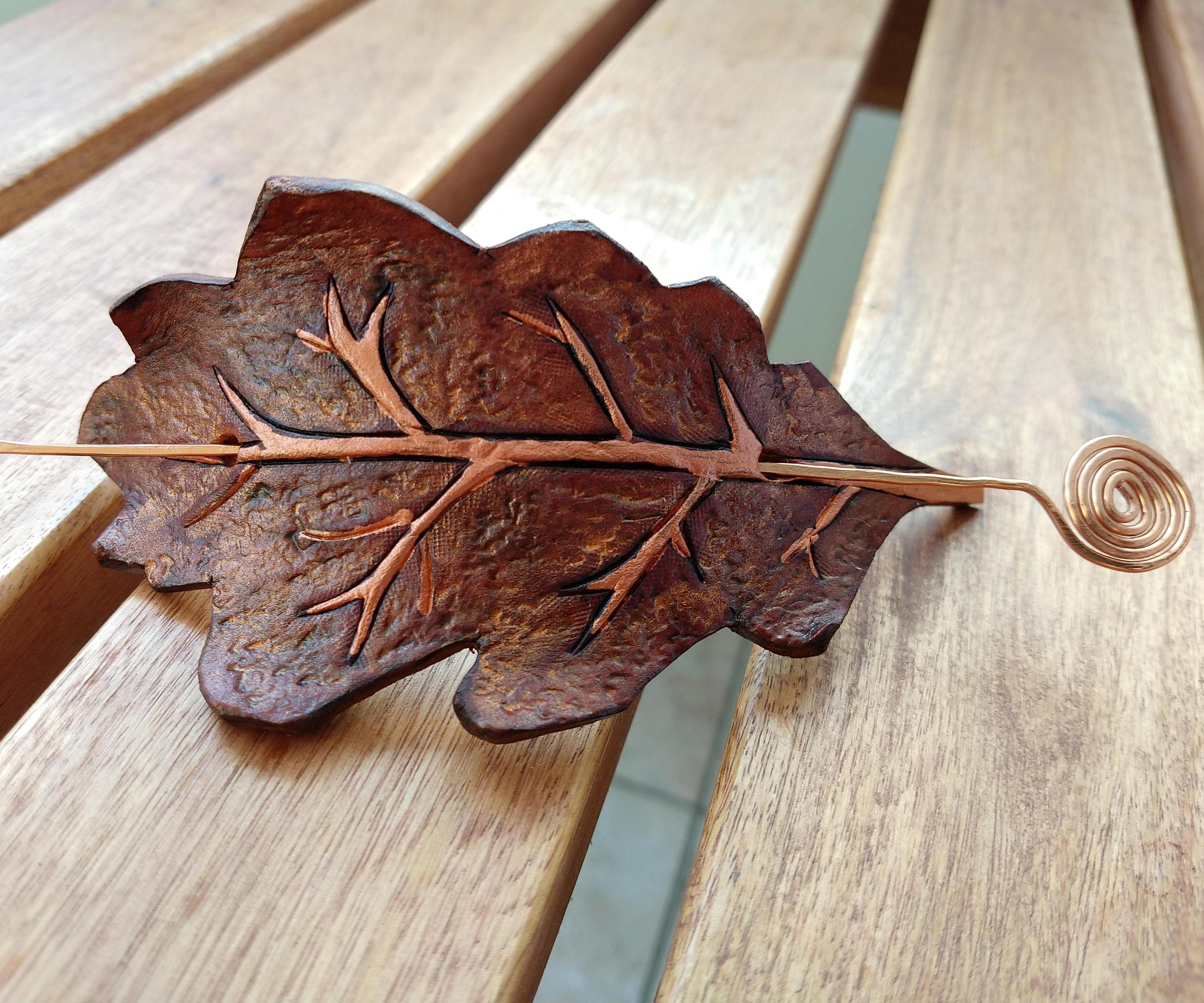 Oak Leaf Barrette From Scrap Leather and Copper Wire