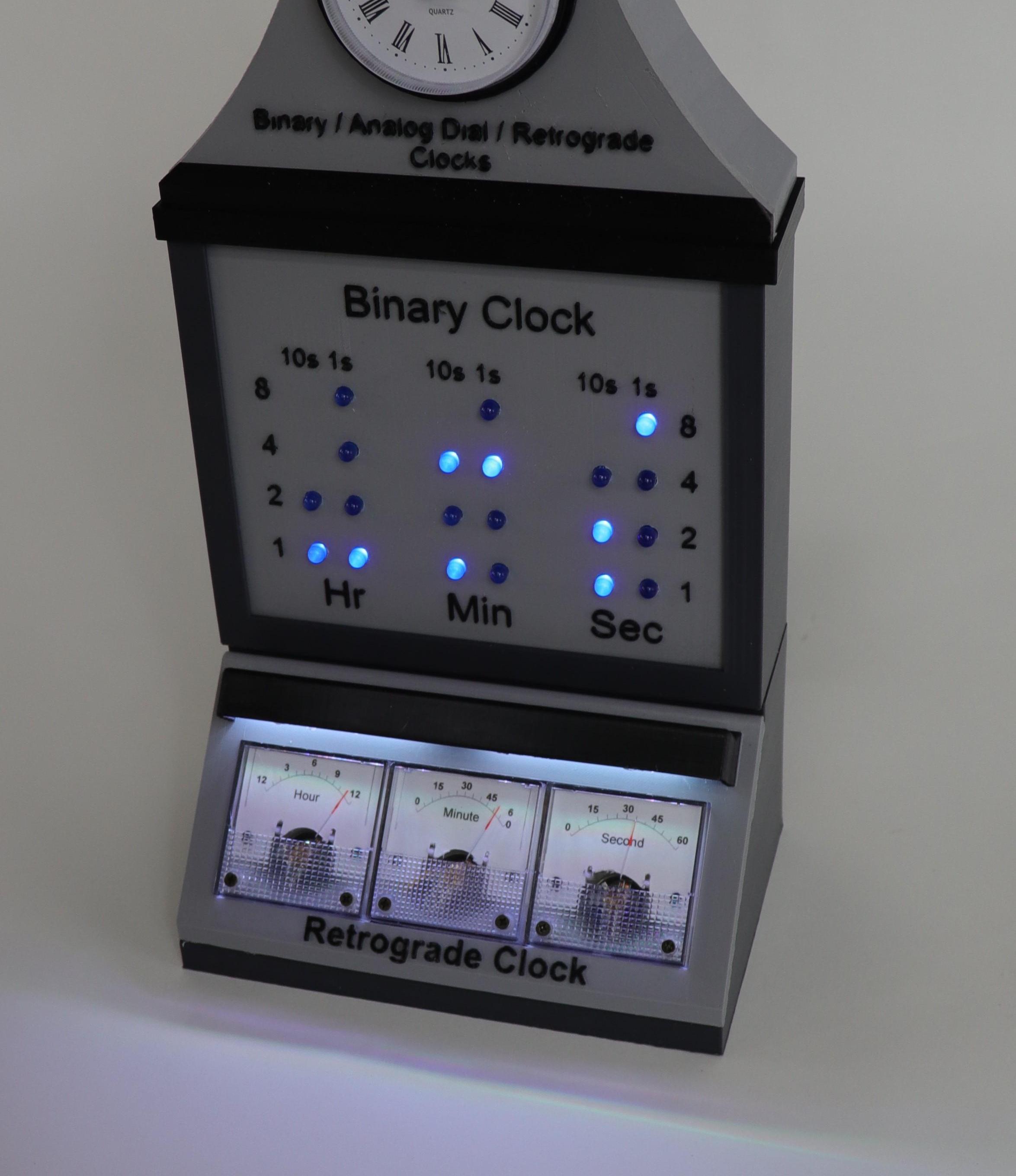 Binary-Analog Dial-Retrograde Clock or the BAD-R Clock or the Rosetta Stone Clock