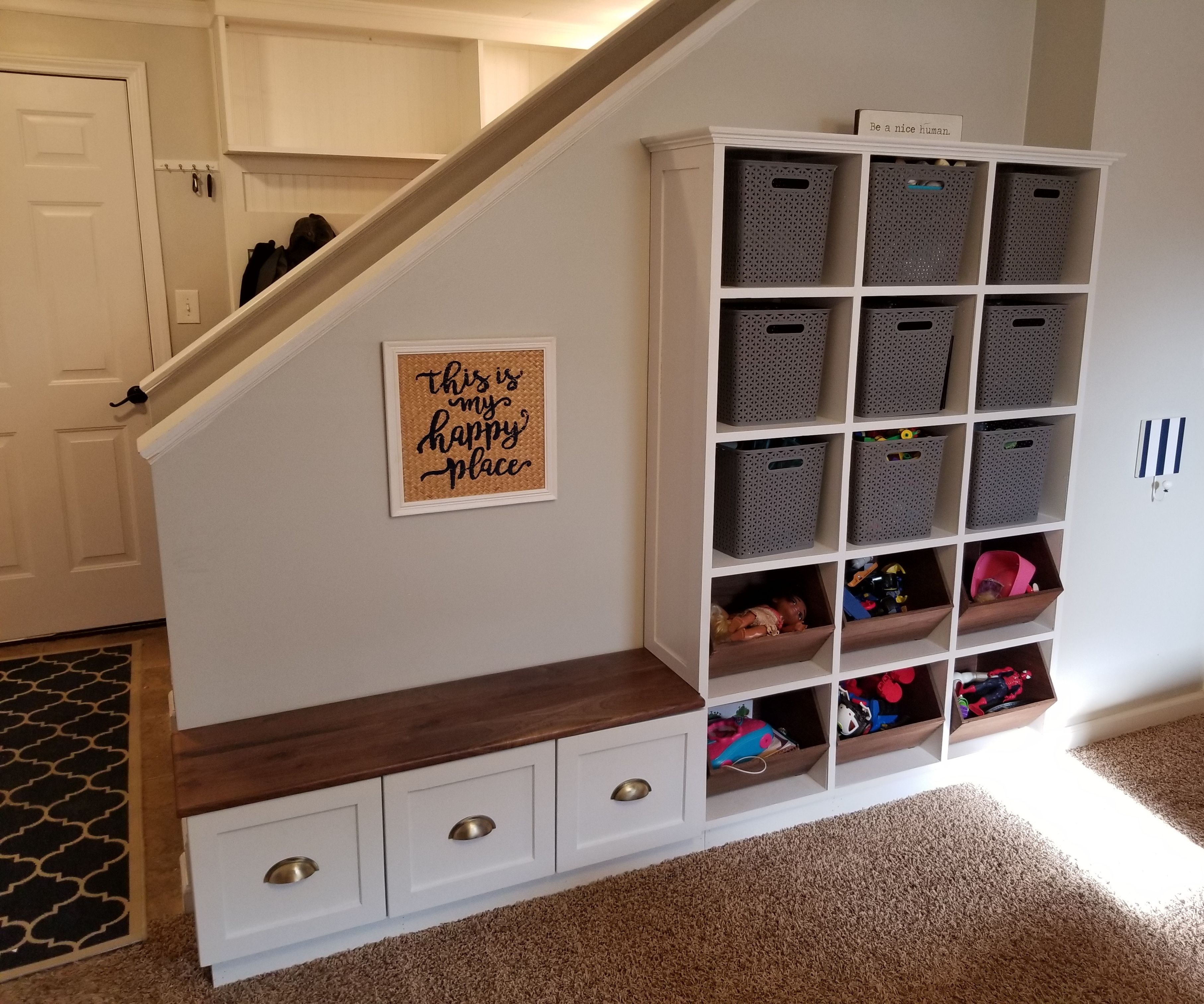 Toy Organization Cabinet With a Walnut Bench and Dovetail Drawers